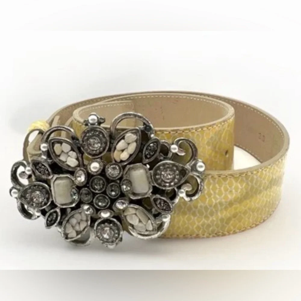 Leather Rock Yellow Snakeskin Belt Jeweled Statement Buckle Boho Western Sz 30